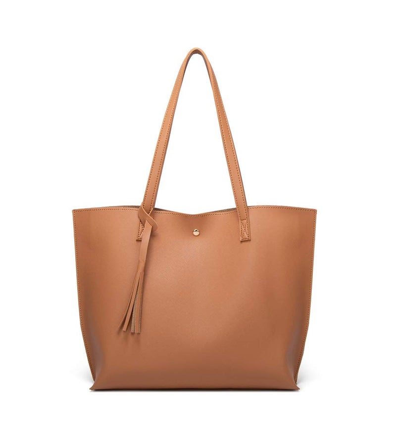 Dreubea Women's Soft Faux Leather Tote Shoulder Bag from, Big Capacity Tassel Handbag Windsor Tan New - Image 1